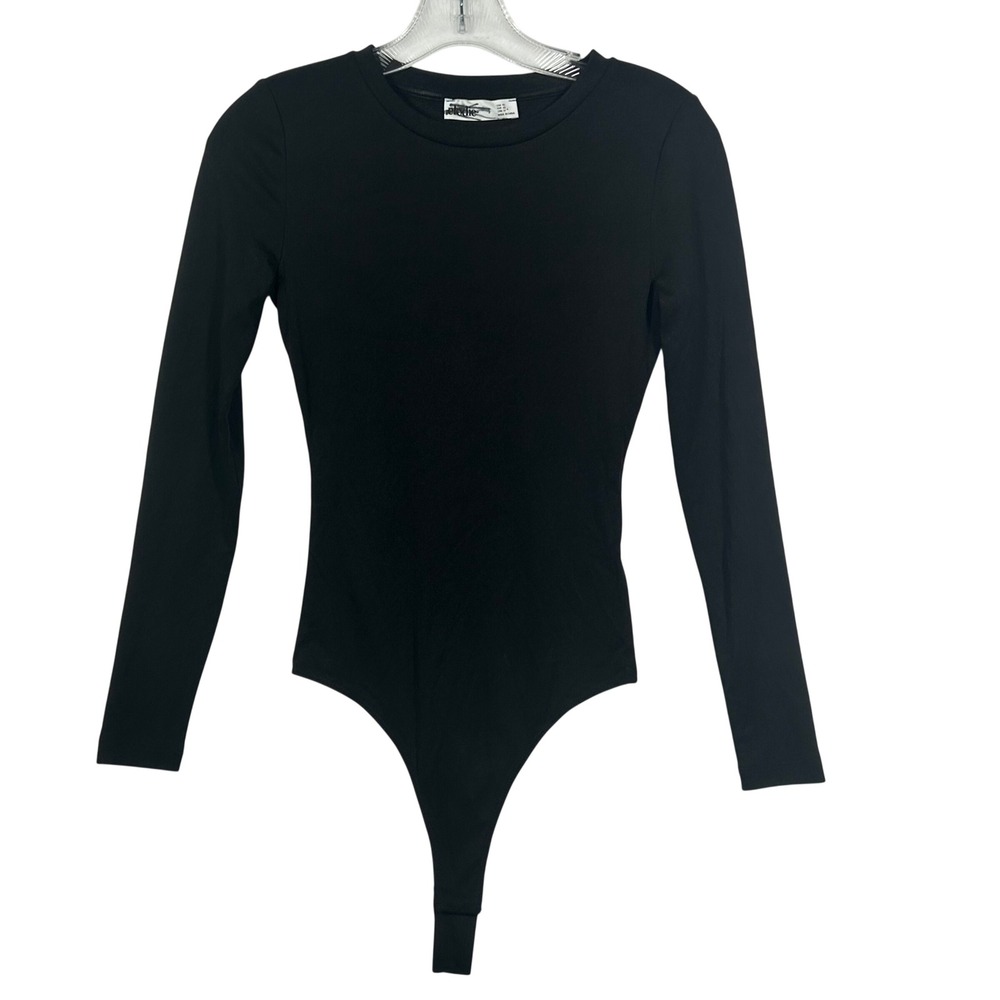 Elodie Womens Ribbed Long Sleeve Thong‎ Bodysuit Black Crew Neck XS CTSR1309